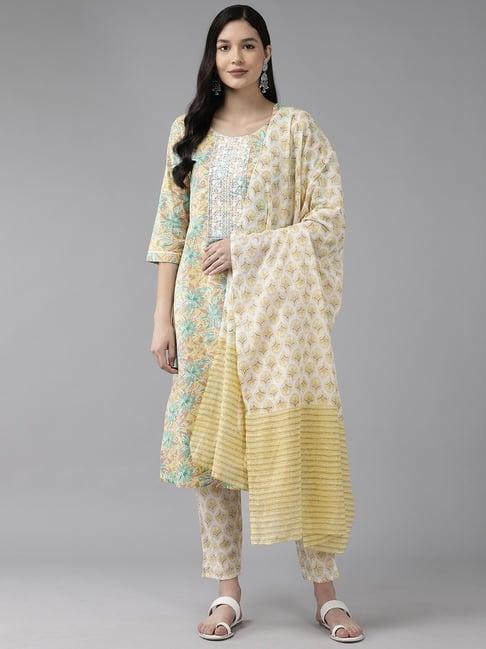 yufta yellow cotton floral print kurta pant set with dupatta