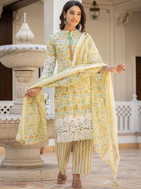 yufta yellow cotton printed kurta palazzo set with dupatta