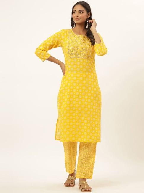 yufta yellow embellished kurta pant set