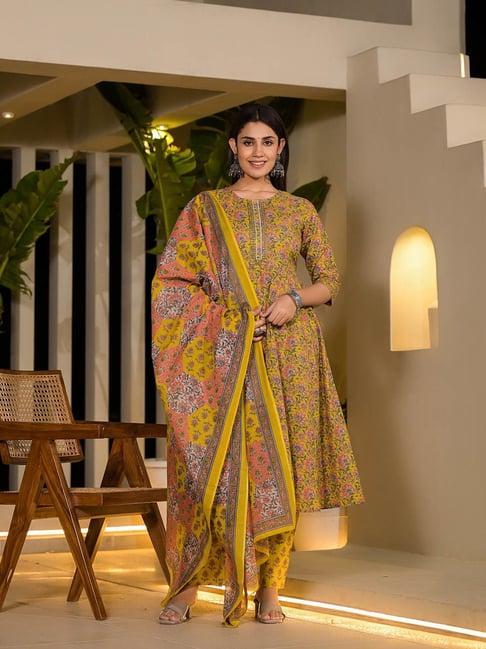 yufta yellow embroidered kurta with pant & dupatta