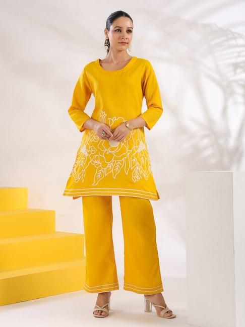 yufta yellow embroidered tunic & pant set