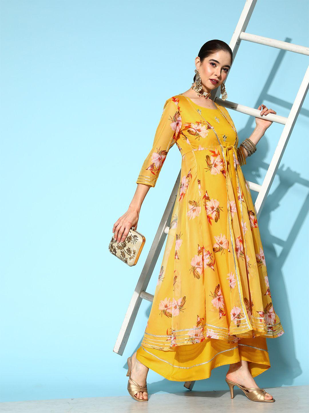 yufta yellow floral embroidered organza maxi ethnic dress with jacket