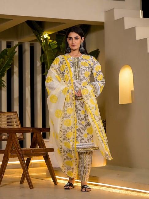 yufta yellow floral kurta with pant & dupatta