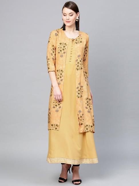 yufta yellow floral print a line kurta