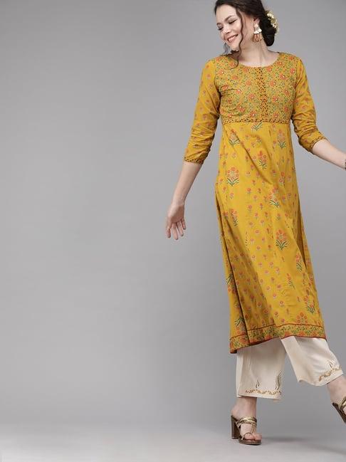 yufta yellow round neck a line kurta