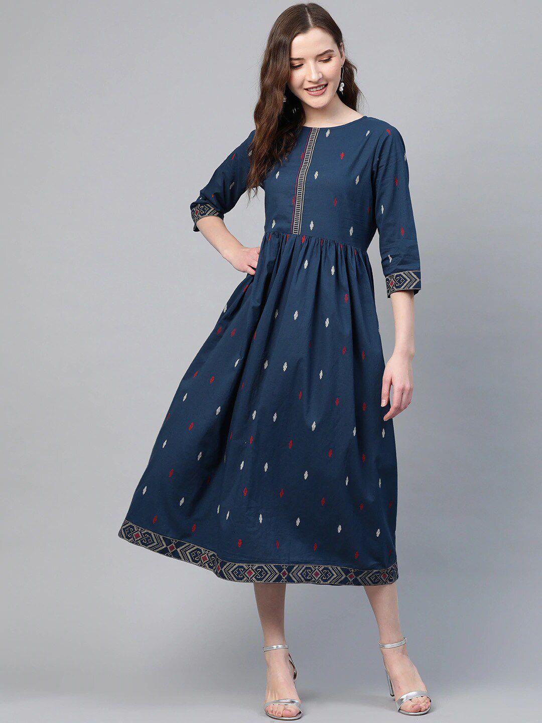 yuris navy blue & off-white geometric printed cotton fit and flare dress