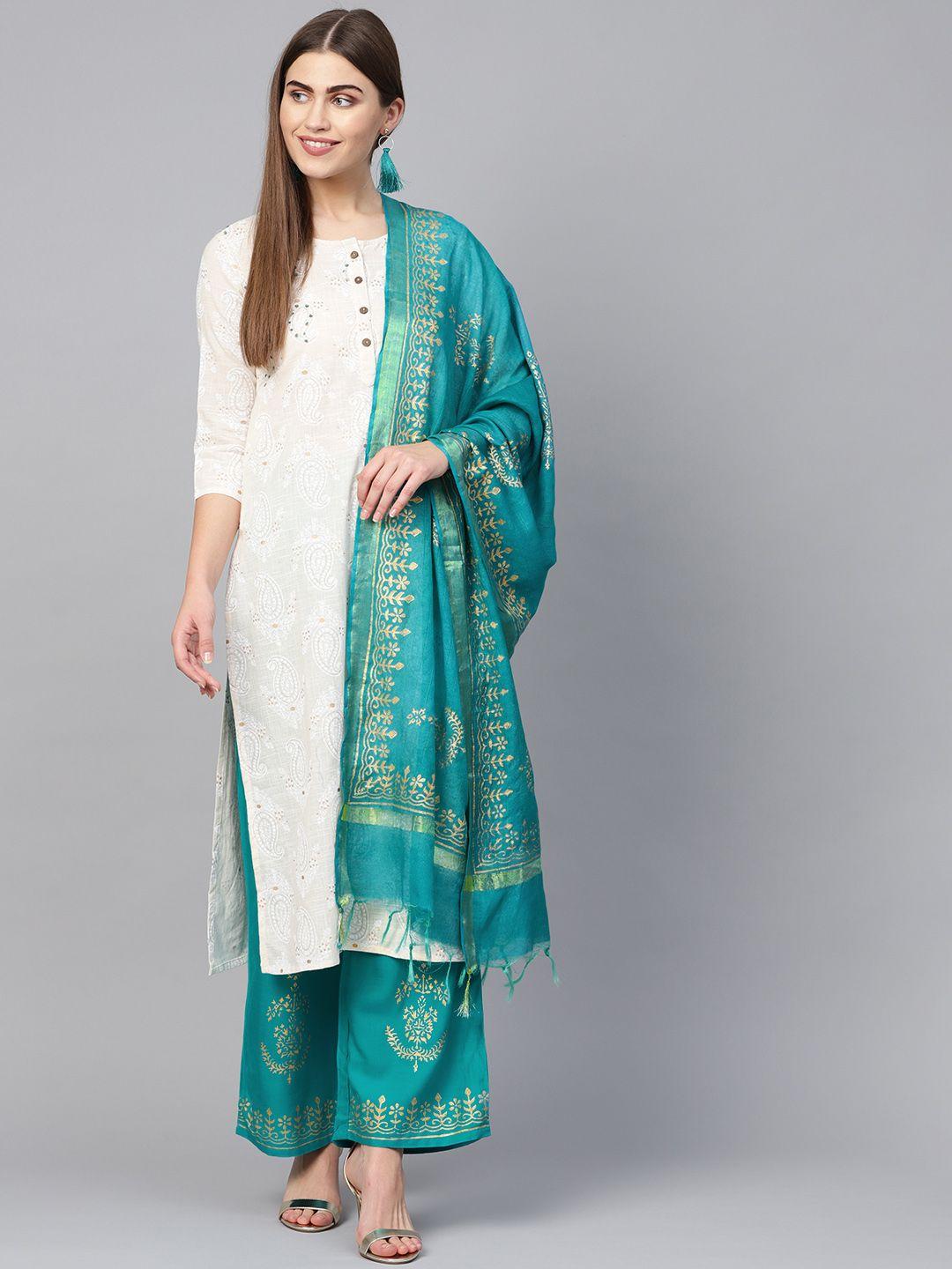 yuris women beige & green printed kurta with palazzos & dupatta