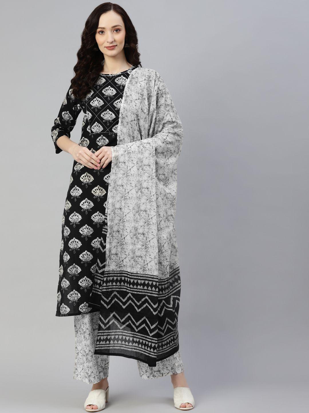 yuris women black & off-white floral printed pure cotton kurta with palazzos & with dupatta