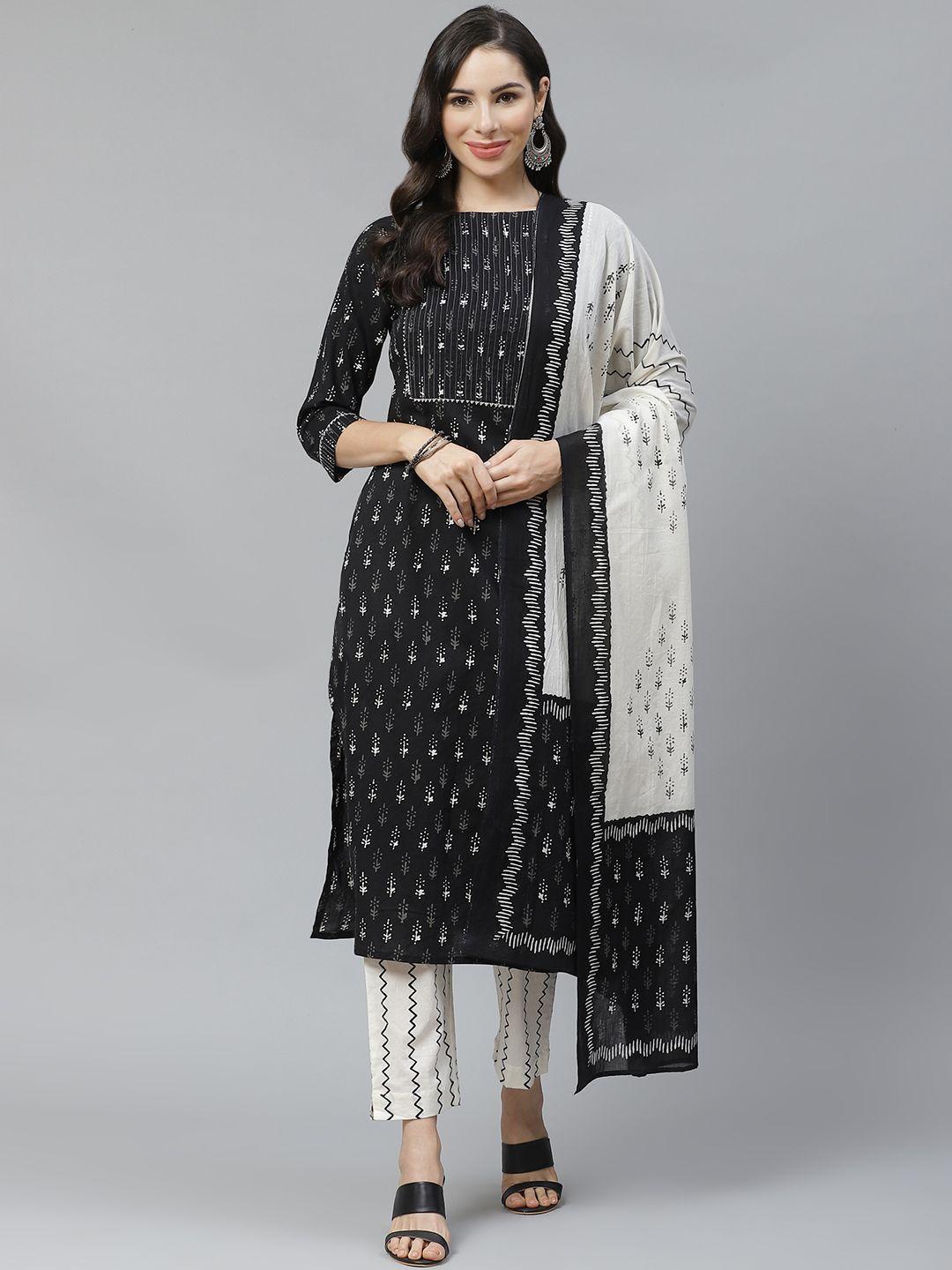 yuris women black & off-white pure cotton printed kurta with palazzos & dupatta