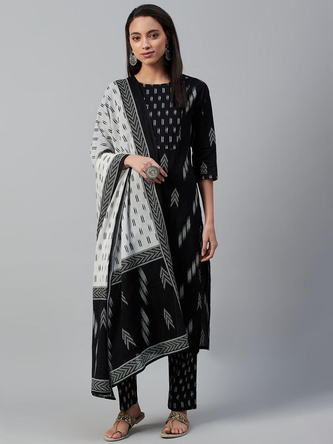 yuris women black & white pure cotton printed kurta with trousers & dupatta