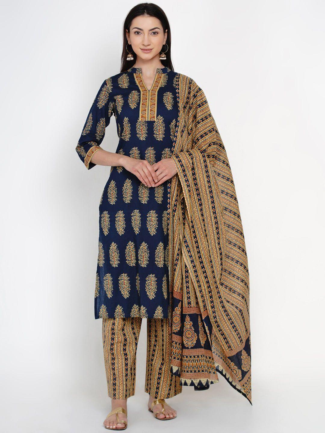 yuris women blue & beige printed kurta with trousers & dupatta