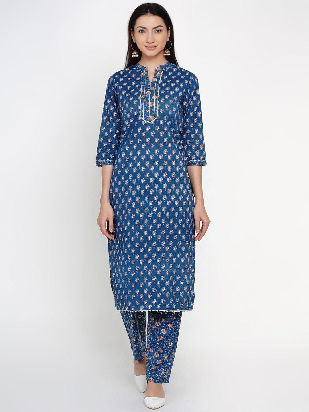 yuris women blue & beige printed kurta with trousers