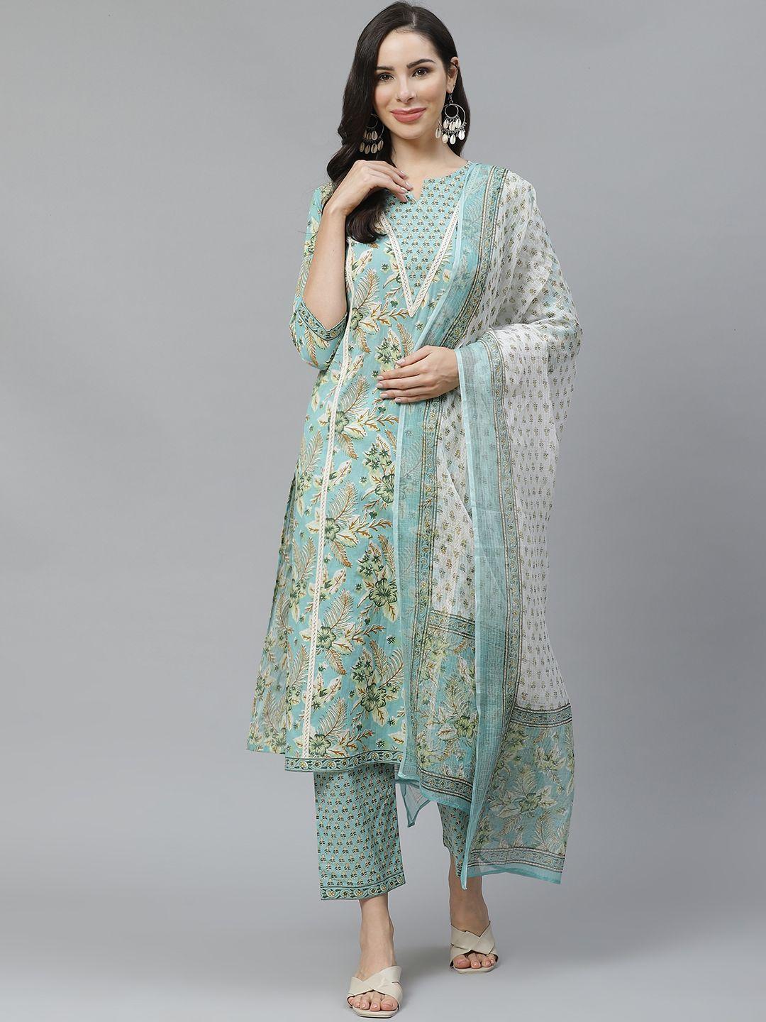 yuris women blue & green pure cotton printed kurta with palazzos & dupatta