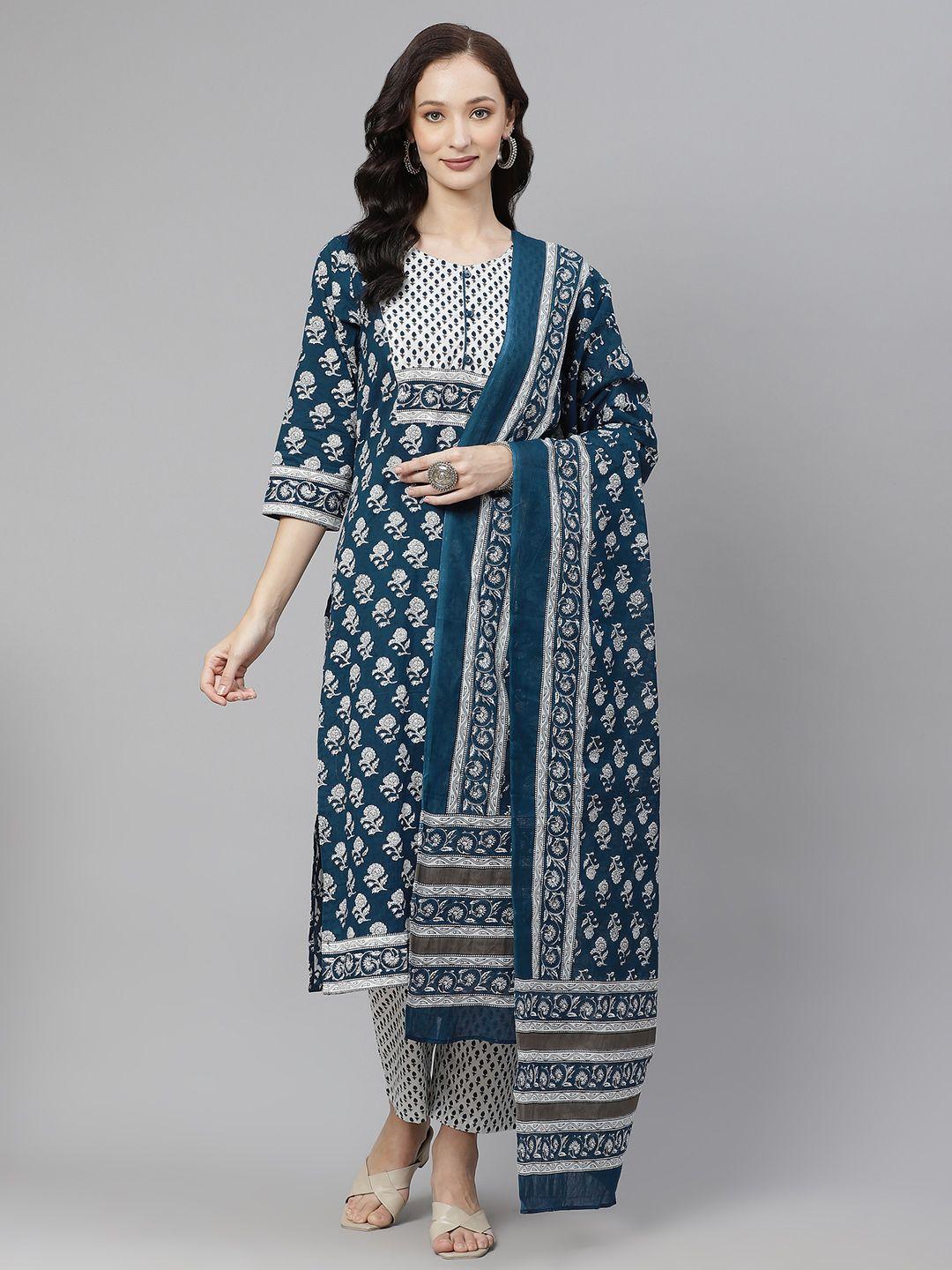 yuris women blue & white ethnic motifs print pure cotton kurta with trousers & dupatta