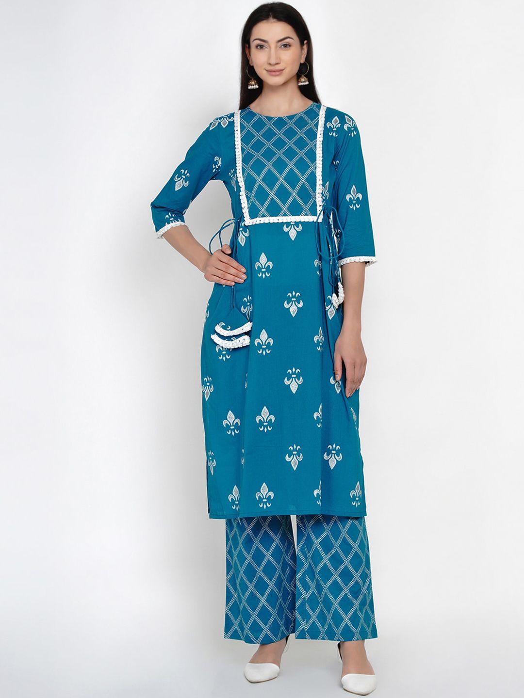 yuris women blue & white printed kurta with palazzos