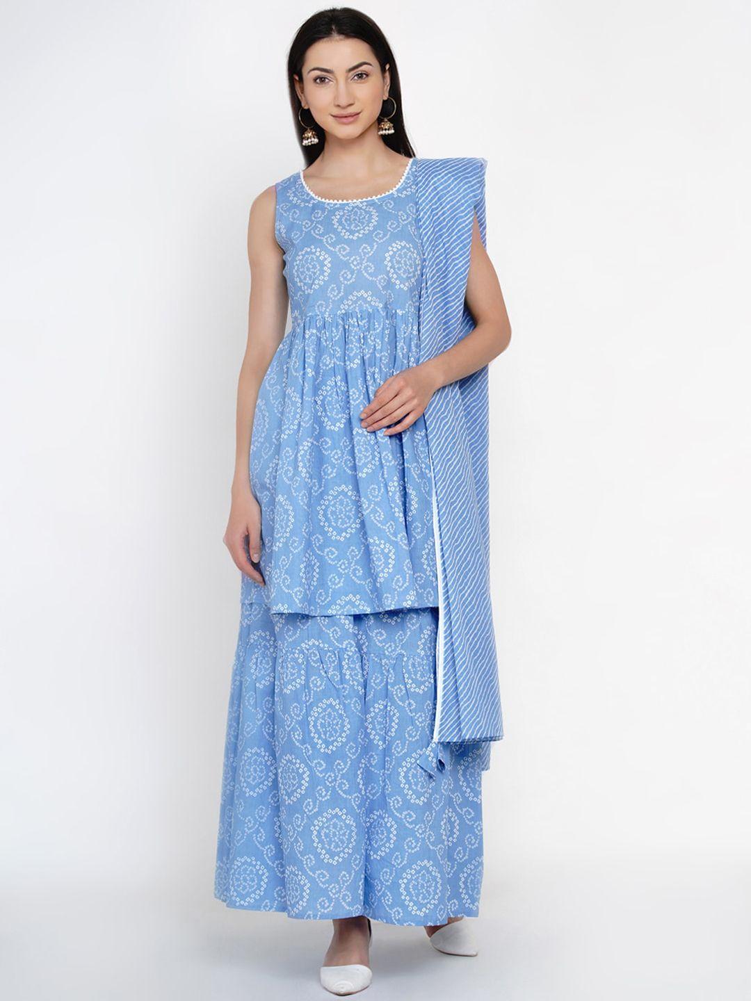 yuris women blue & white printed kurta with sharara & dupatta