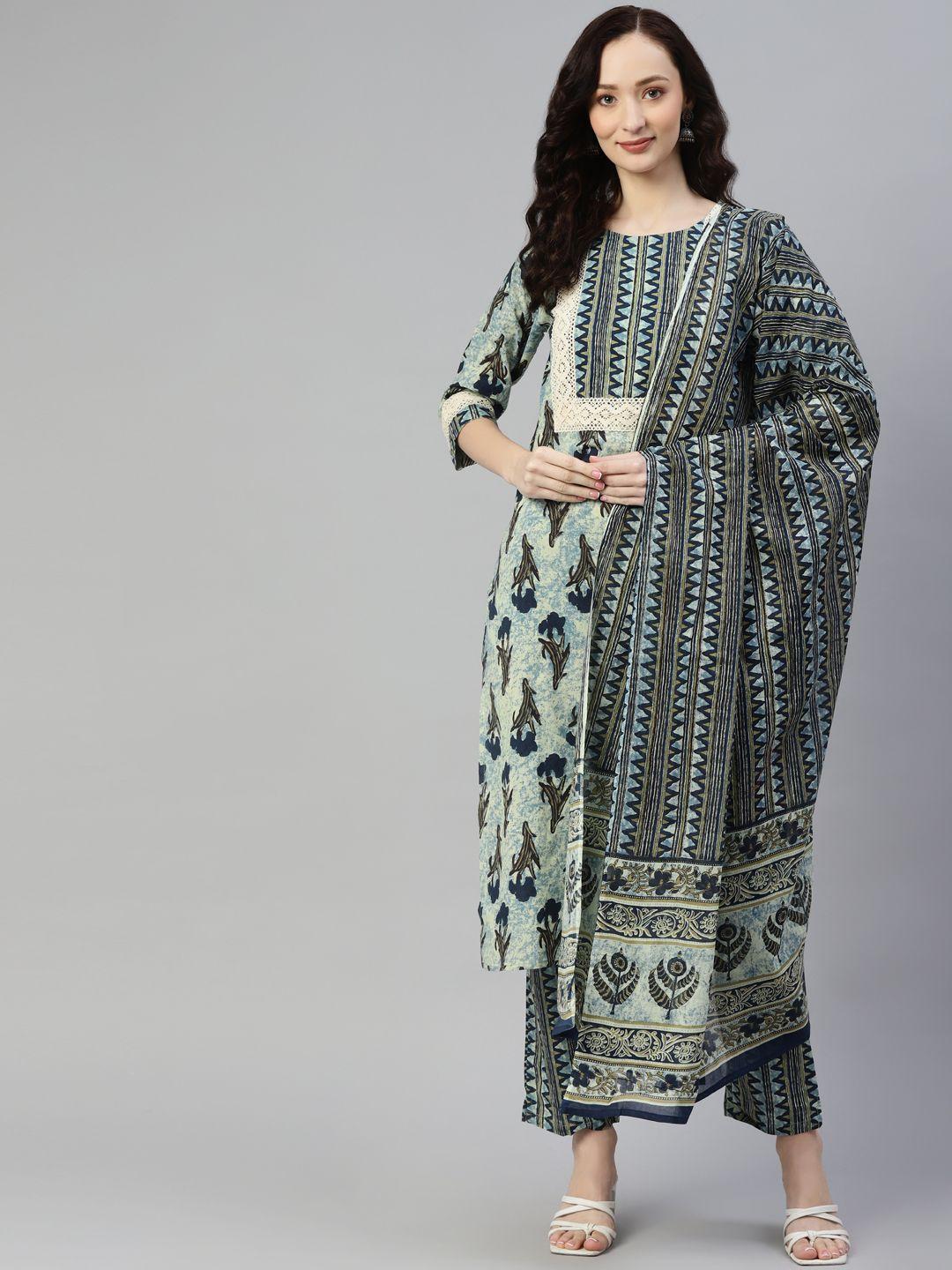 yuris women blue floral printed pure cotton kurta with trousers & with dupatta