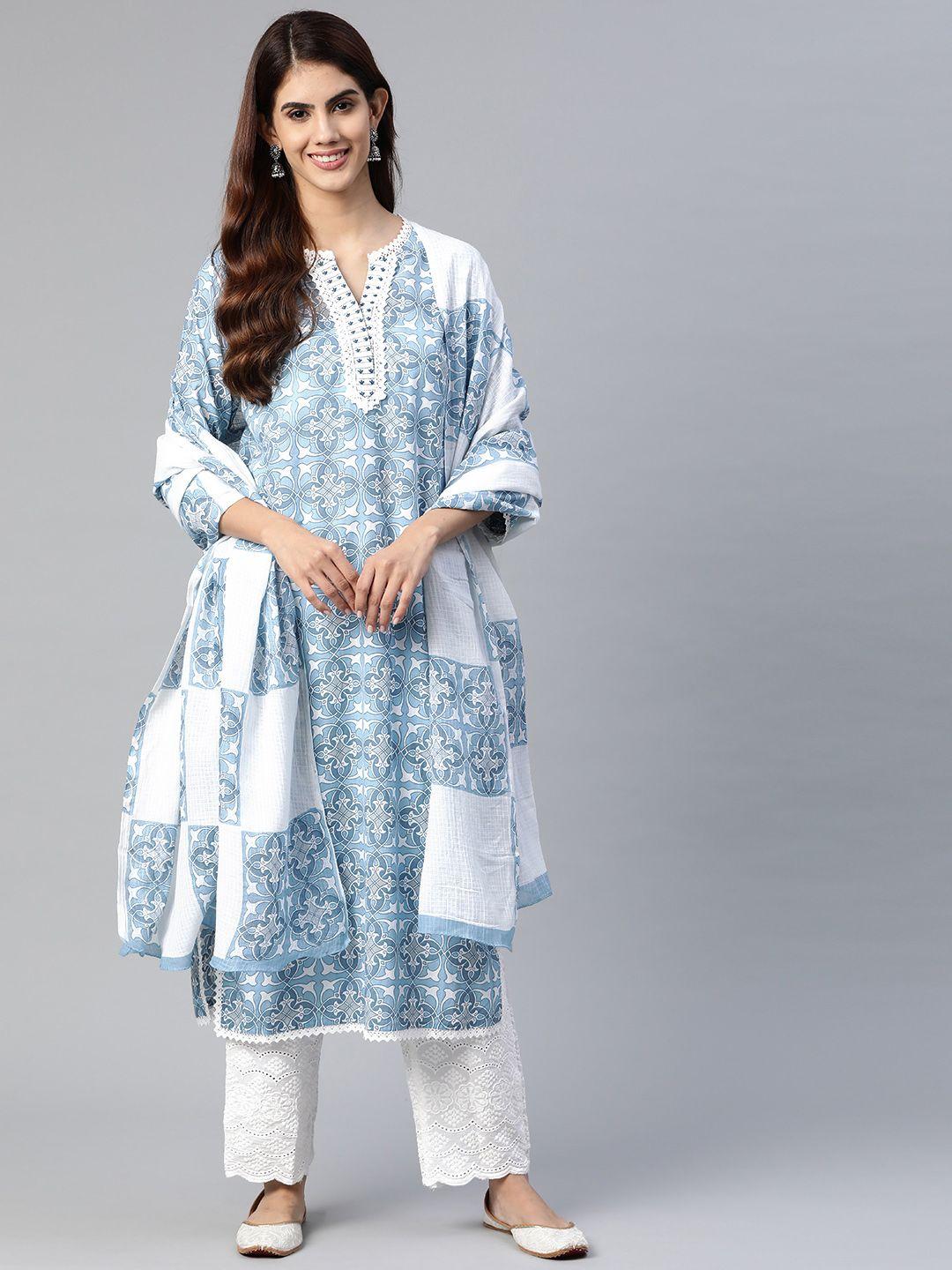 yuris women blue floral printed regular thread work pure cotton kurta with palazzos & with dupatta