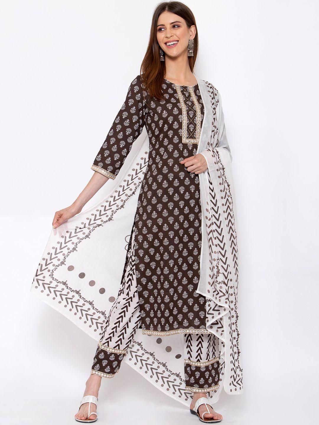 yuris women brown ethnic motifs printed empire straight pure cotton kurta with churidar
