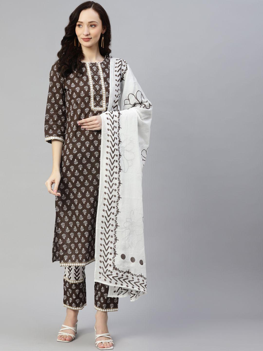 yuris women brown ethnic motifs printed pure cotton kurta with trousers & with dupatta