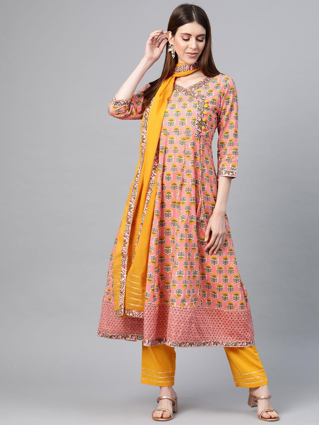 yuris women coral pink & yellow ethnic motif print cotton kurta with trousers & dupatta