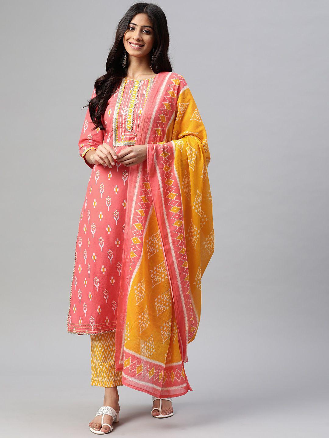 yuris women coral pink ethnic motifs printed pure cotton kurta with trousers & dupatta