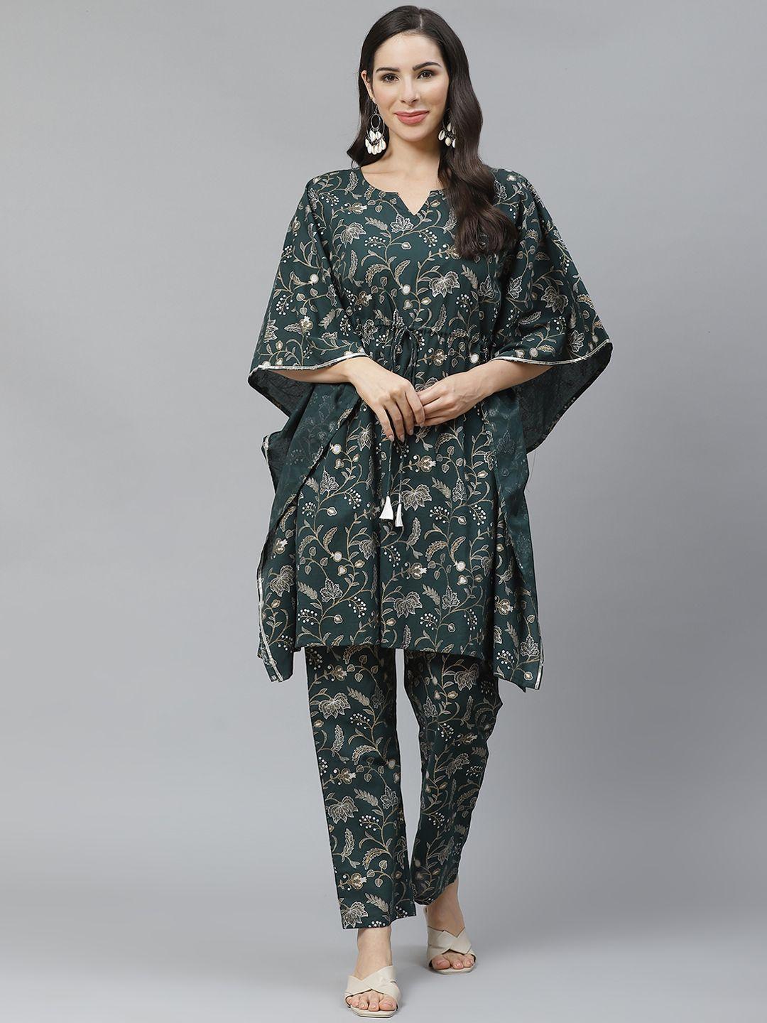 yuris women green & off-white printed pure cotton kurta with trousers