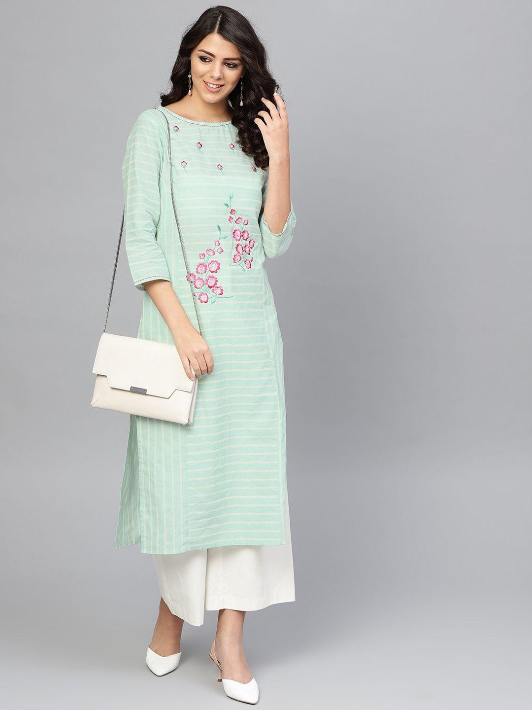 yuris women green & off-white striped straight kurta with floral embroidered detail