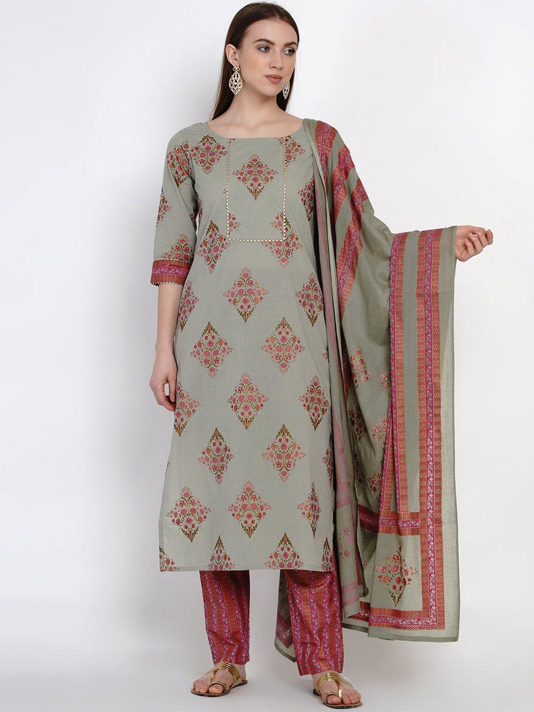 yuris women green & pink printed kurta with palazzos & dupatta