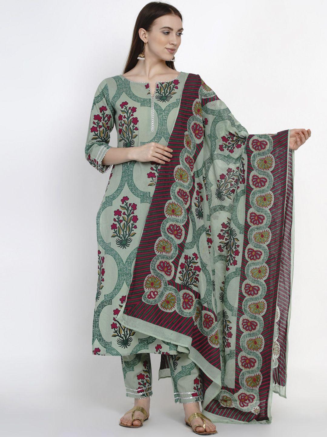 yuris women green & red printed kurta with trousers & dupatta