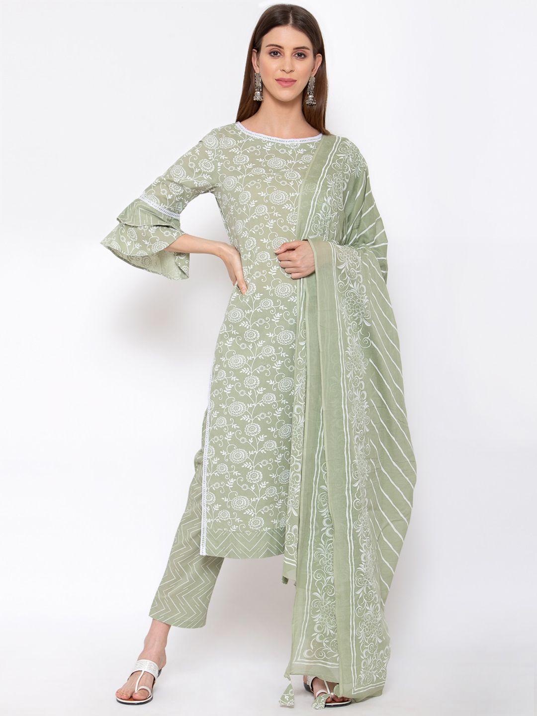 yuris women green printed panelled pure cotton kurta with trousers & with dupatta