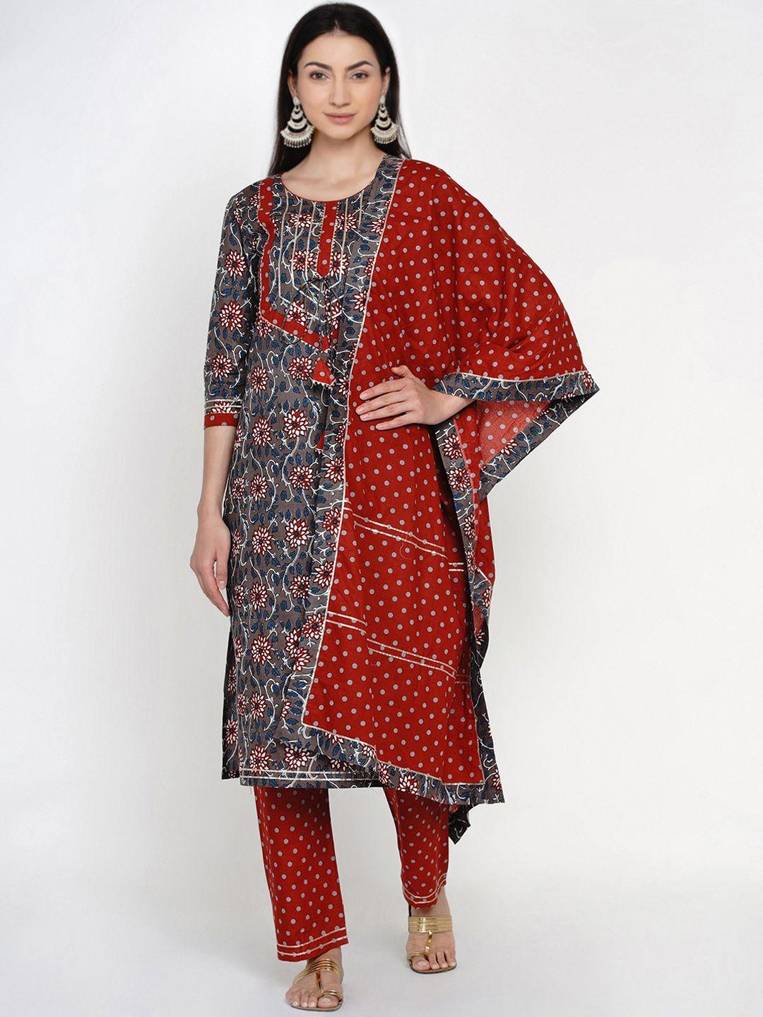 yuris women grey & maroon printed kurta with trousers & dupatta