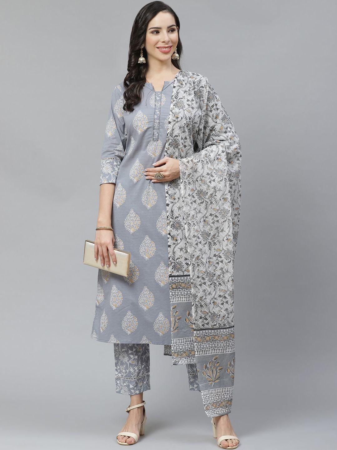 yuris women grey ethnic motifs printed regular pure cotton kurta with trousers & with dupatta