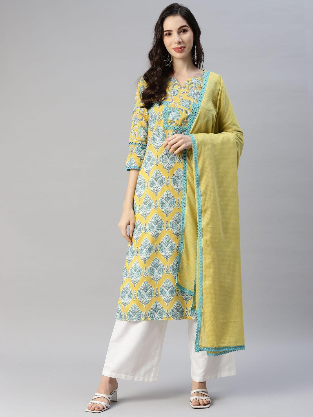yuris women lime green pure cotton floral printed kurta with trousers & with dupatta
