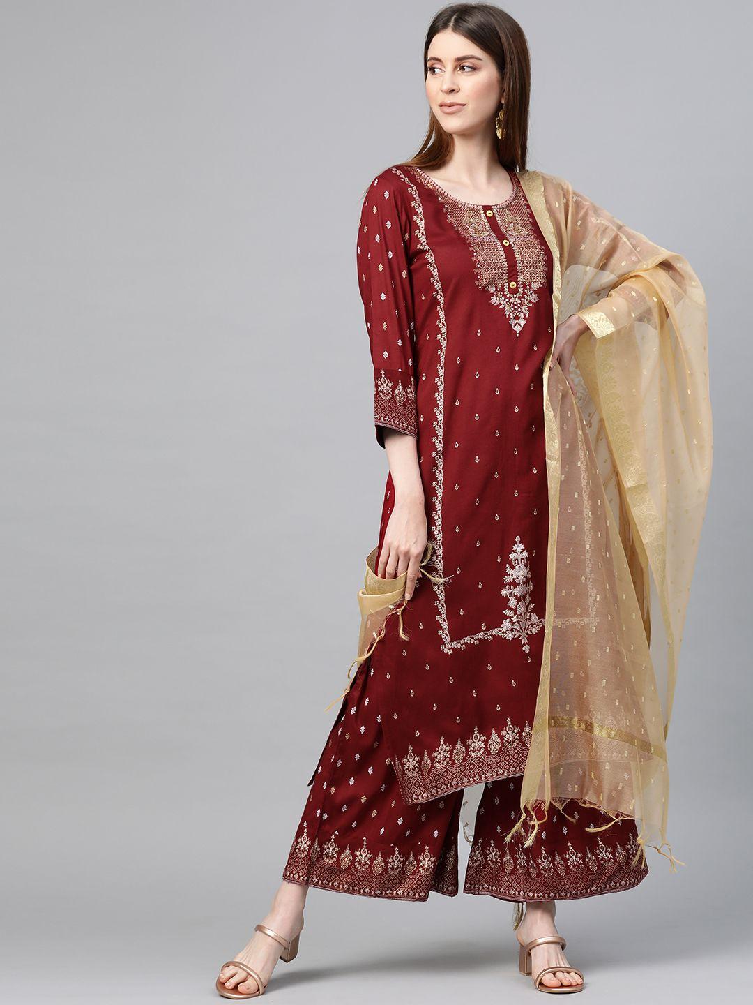 yuris women maroon & beige ethnic motifs print kurta with palazzos & dupatta