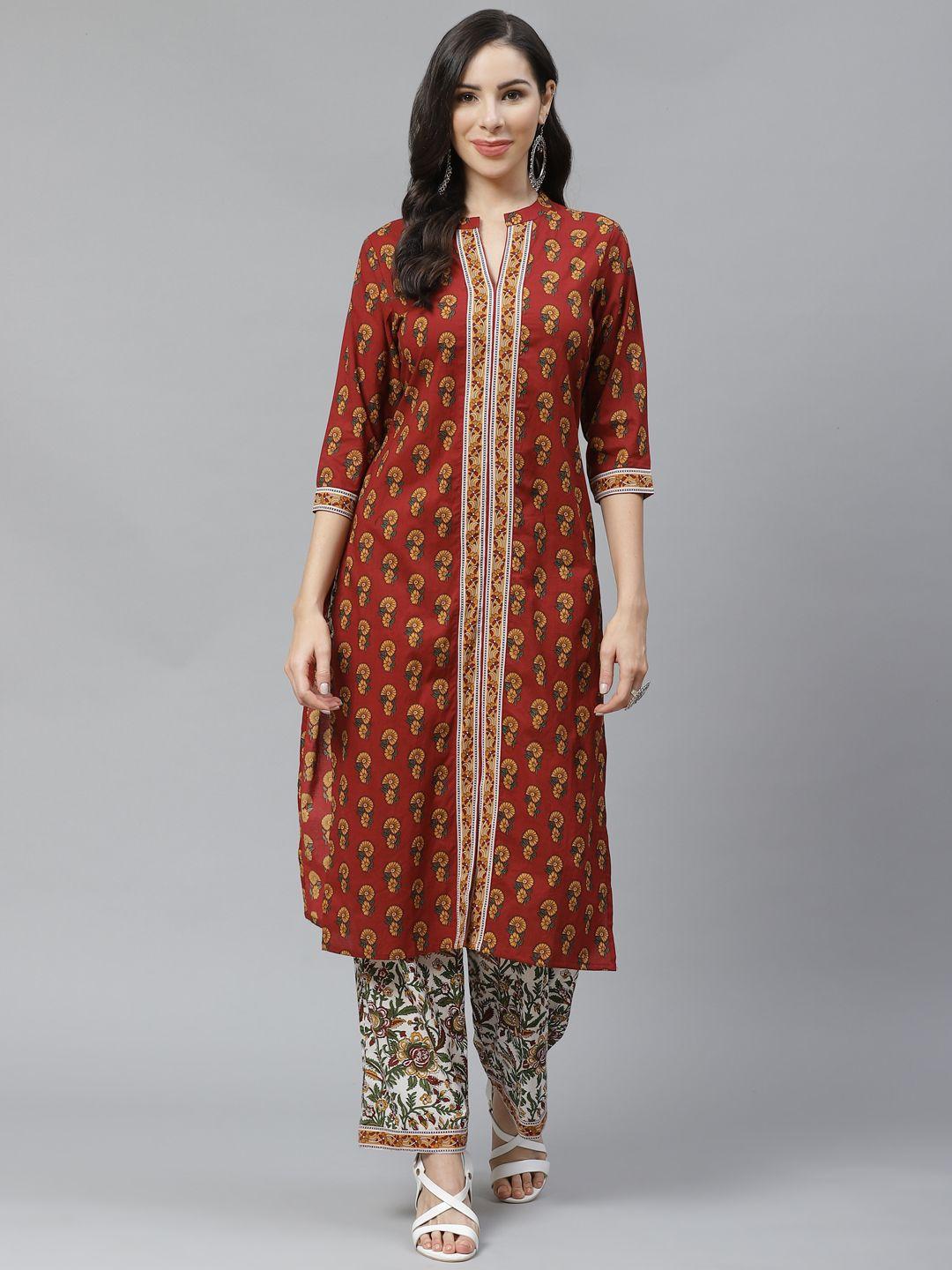 yuris women maroon & mustard pure cotton printed kurta with palazzos