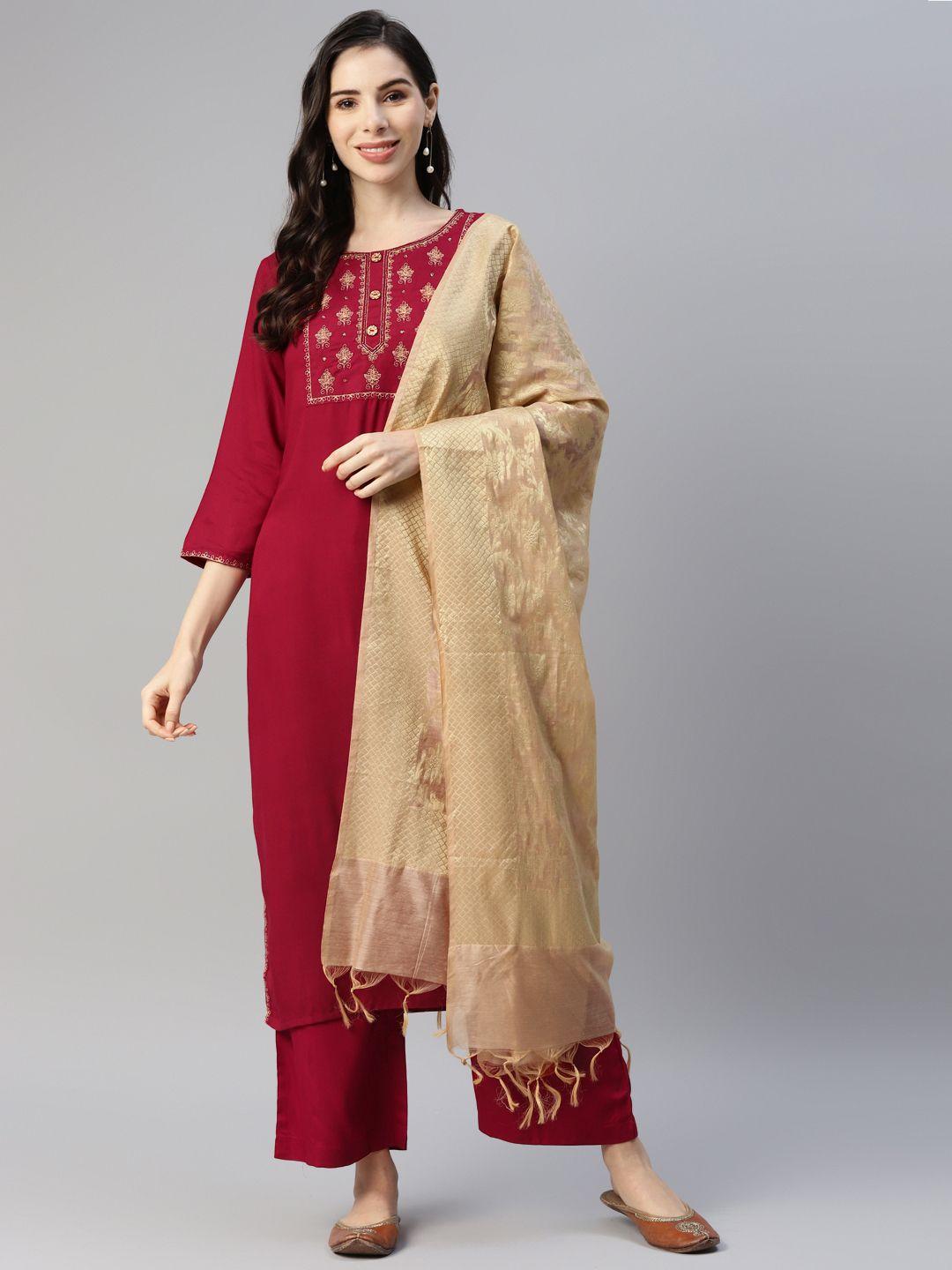 yuris women maroon embroidered kurta with palazzos & with dupatta