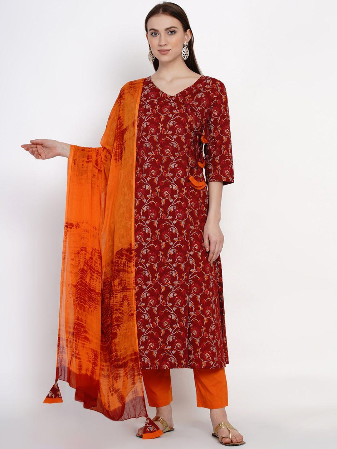 yuris women maroon printed kurta with trousers & dupatta