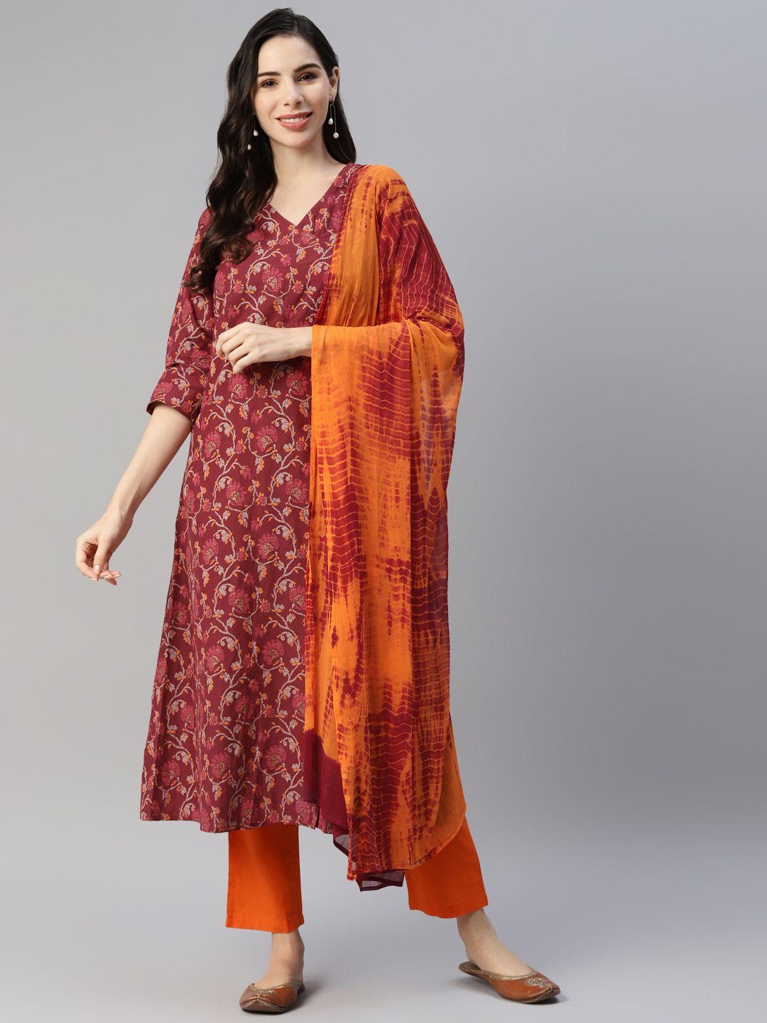 yuris women maroon pure cotton floral printed angrakha kurta with trousers & with dupatta