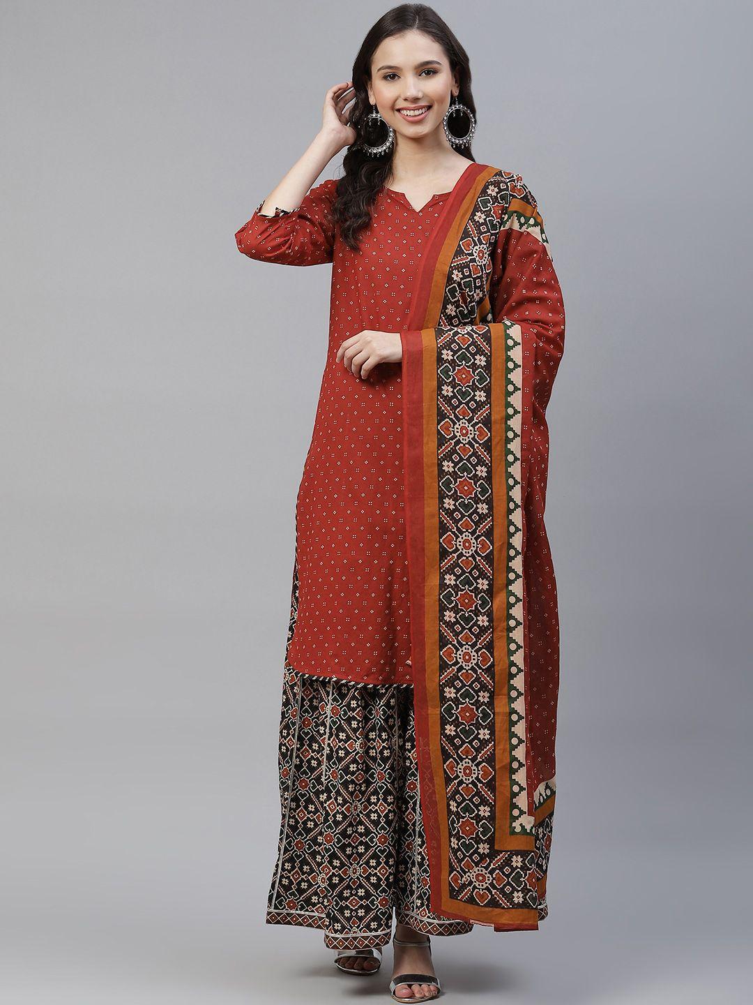 yuris women maroon pure cotton printed kurta with palazzos & dupatta