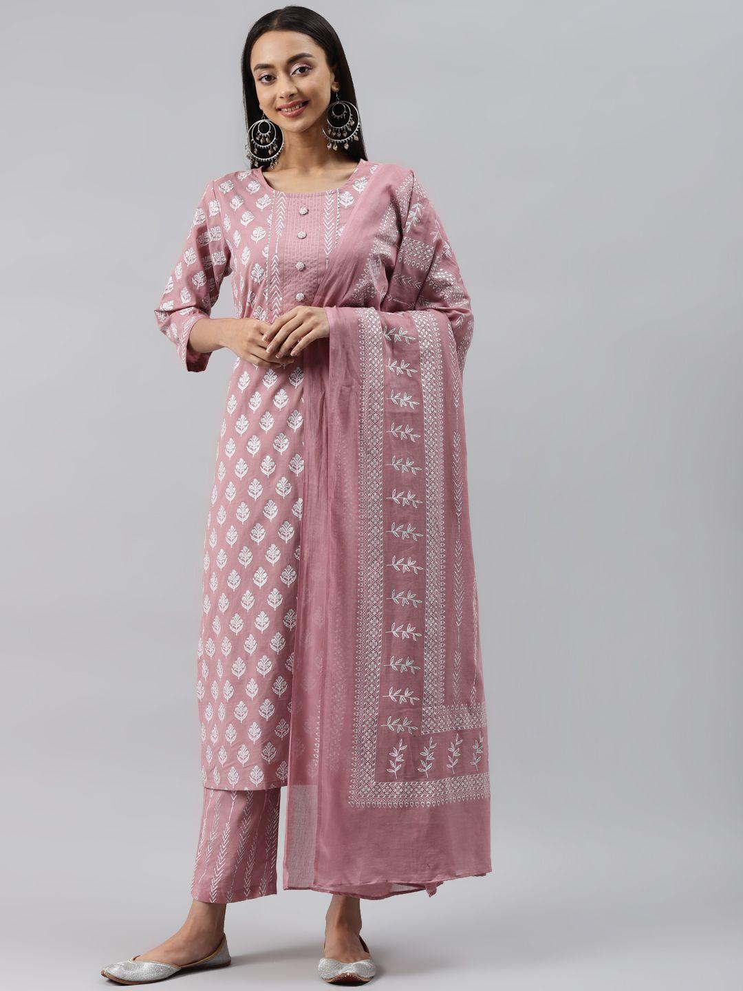 yuris women mauve ethnic motifs printed sequinned cotton kurta with trousers & dupatta