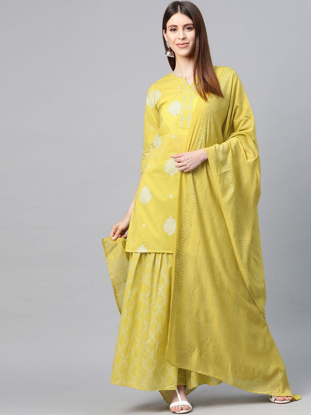 yuris women mustard yellow & off-white pure cotton printed kurta with sharara & dupatta