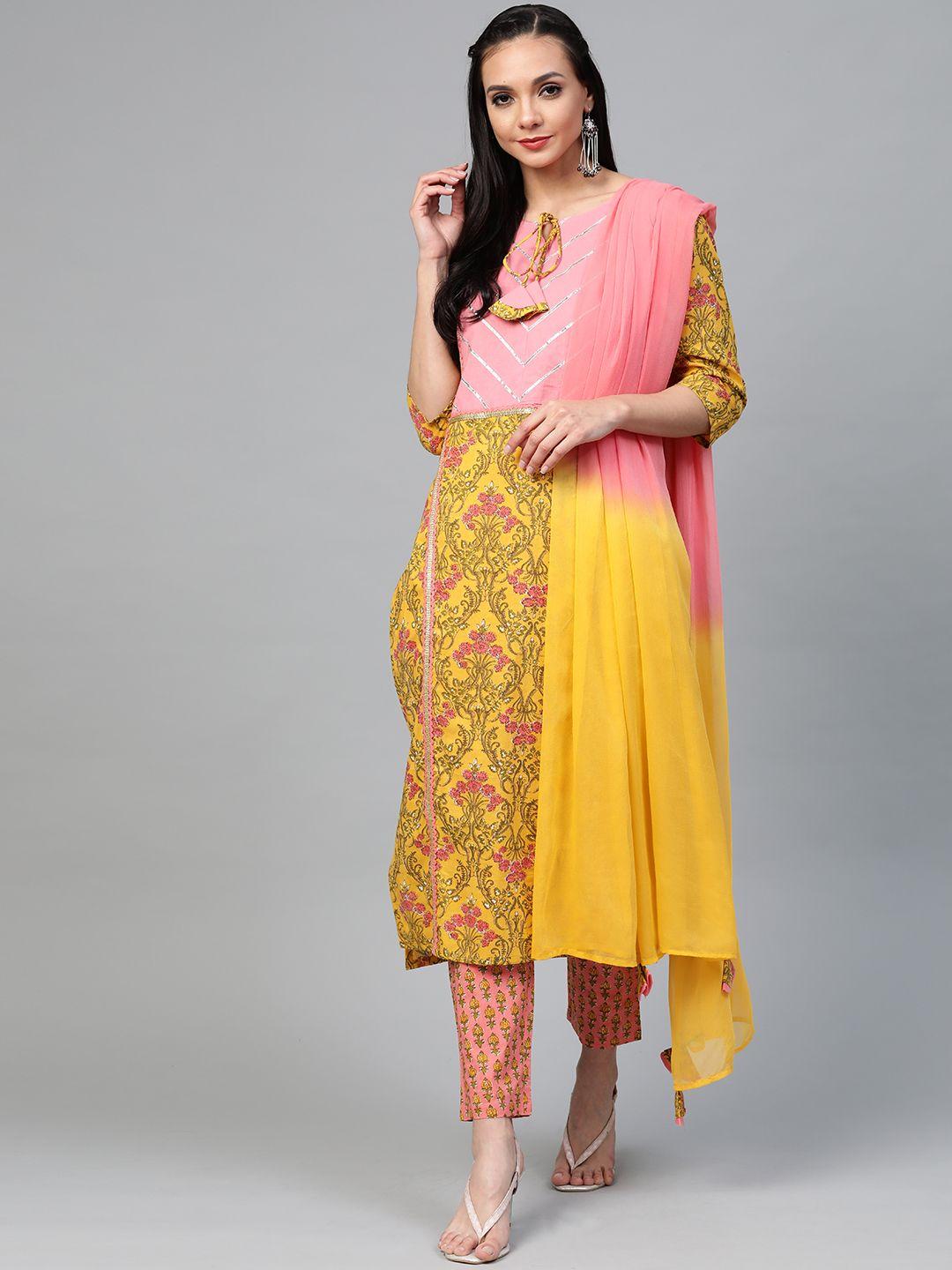 yuris women mustard yellow & pink pure cotton printed kurta with trousers & dupatta
