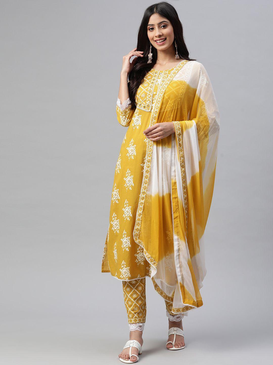 yuris women mustard yellow & white printed pure cotton kurta with trousers & dupatta