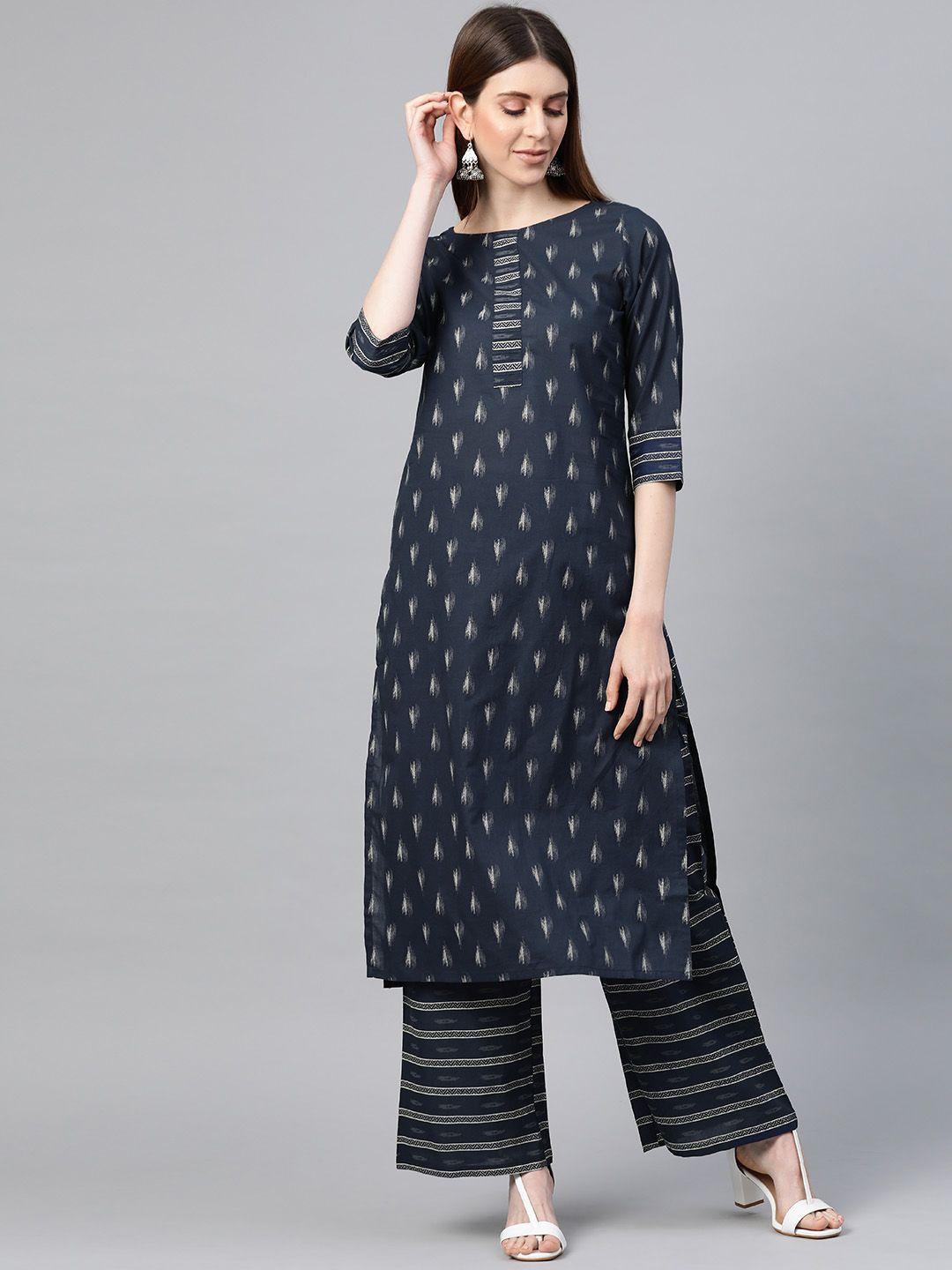 yuris women navy blue & cream-coloured abstract screen print pure cotton kurta & palazzos