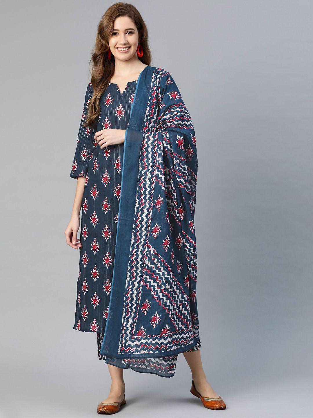 yuris women navy blue floral printed regular pure cotton kurta with palazzos & with dupatta