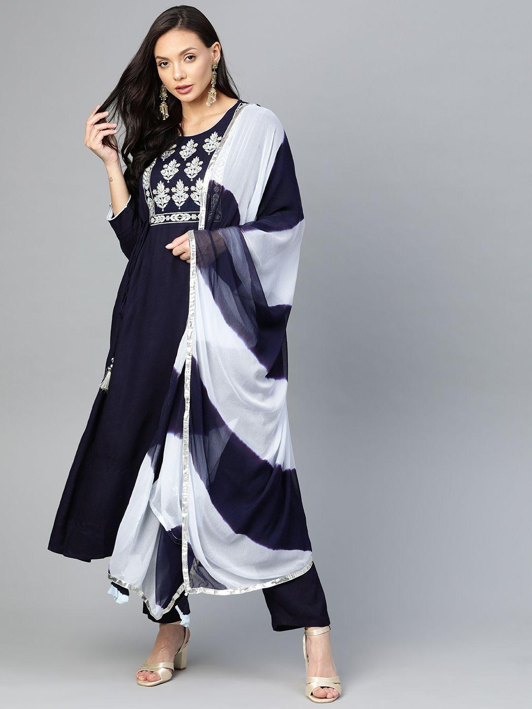 yuris women navy blue pure cotton kurta with trousers & with dupatta