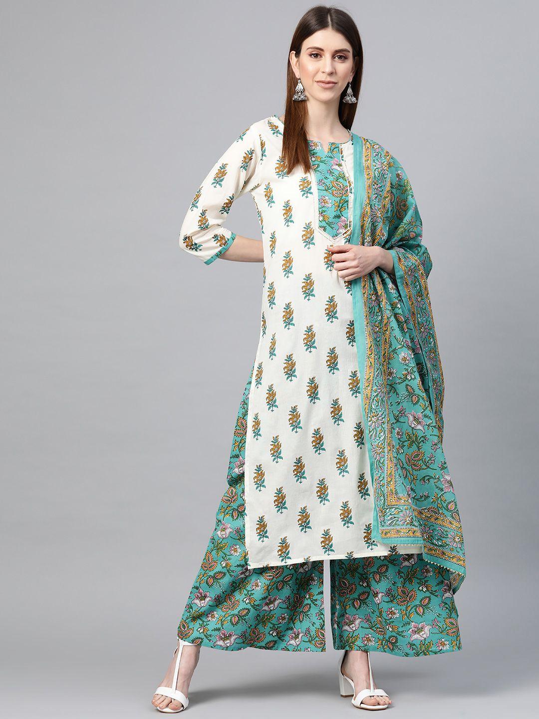 yuris women off-white & green cotton ethnic motif print kurta with palazzos & dupatta
