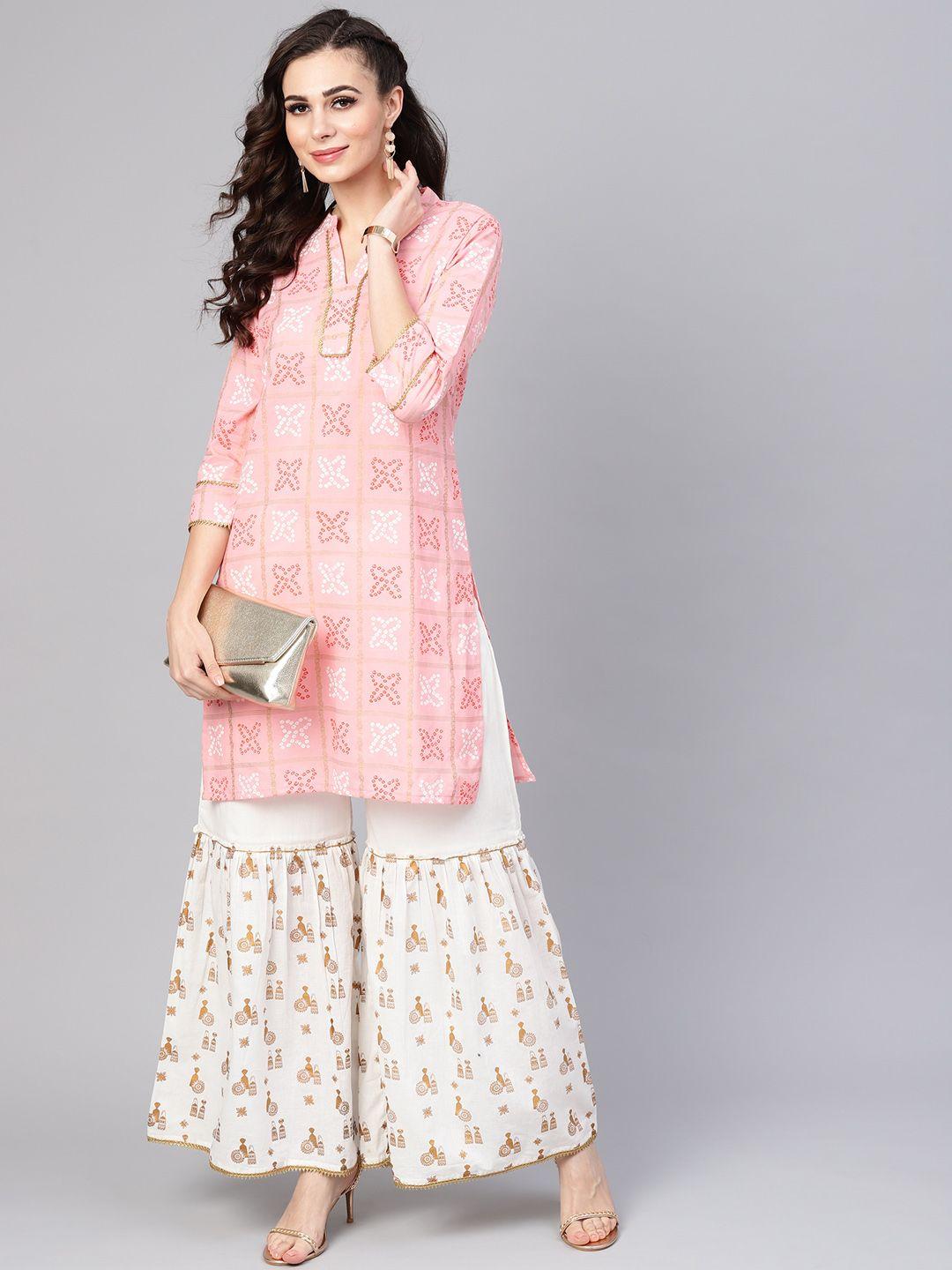 yuris women pink & off-white printed kurta with sharara