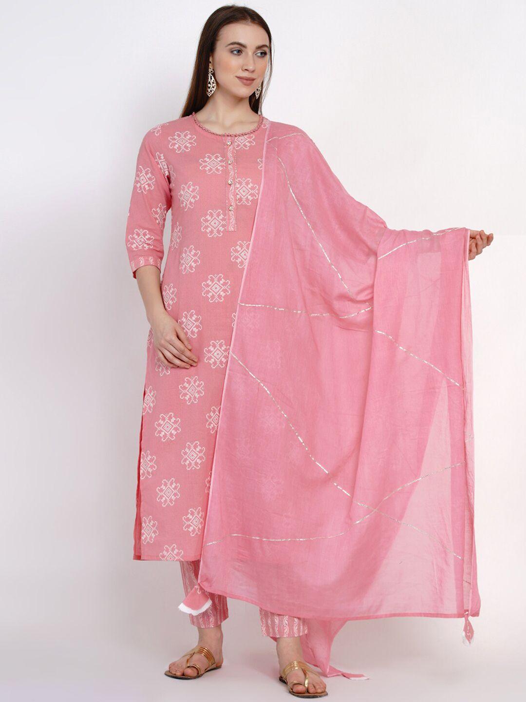 yuris women pink & white printed kurta with palazzos & dupatta